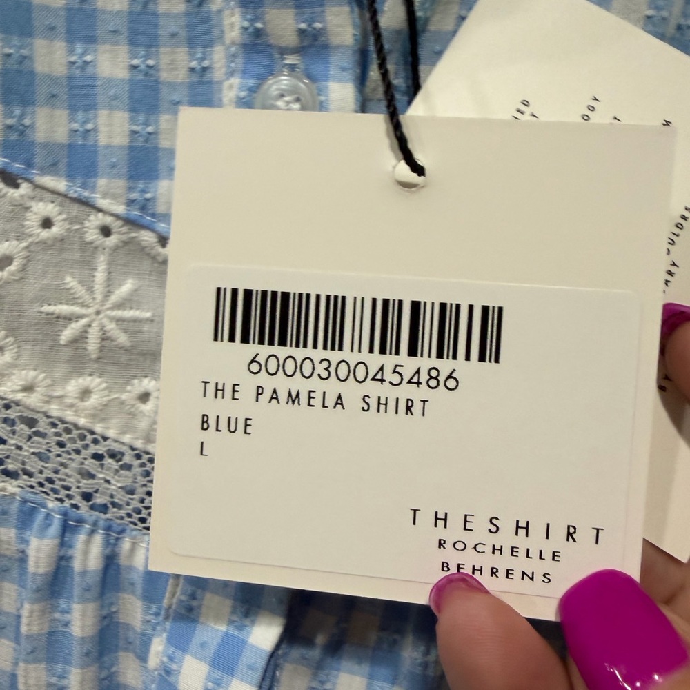 The Shirt by Rochelle Behrens Light Blue & White Gingham Lace-Trim Blouse - Picture 4 of 6